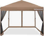 OASISHOME 10'x10' Pop-Up Gazebo Canopy Tent with Netting Sidewalls & Wheeled Bag,Weight Bag, Stakes, Ropes, Waterproof, UV Protection, Heavy-Duty Steel Frame for Backyard/Outdoor/Parties (Khaki)
