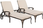 VINGLI Cast Aluminum Outdoor Chaise Lounge Chair with Wheels Set of 2, Patio Chaise Lounge with 3-Position Adjustable Backrest, Tanning Chair Reclining Chair for Poolside (2PCS, Bronze, with Cushion)