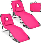 GYMAX Tanning Chair, 350lbs Beach Lounge Chair with Face Hole, Detachable Washable Pillow & Carry Strap, Adjustable Folding Chaise Lounge, Layout Chair for Outside, Patio, Poolside, Lawn (2, Pink)