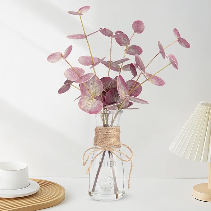 Artificial Greenery Eucalyptus Stems with Glass Vase, 3-Piece Red Set