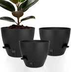 Self-Watering Plant Pots with Water Level Indicator, Drainage Holes & Saucers – 12/10/9 Inch Large Plastic Planter Set for Indoor & Outdoor Plants (Pure Black)