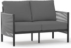 Aluminum Outdoor Patio Couch Loveseat, HDPE Rope Patio Sofa with Washable Thick Cushion, All-Weather Patio Furniture for Balcony, Yard, Gray Frame, Charcoal