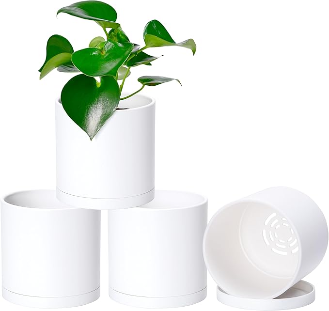Planters 4 Pack 5 Inch Matte White Modern Plastic Pots with Saucers