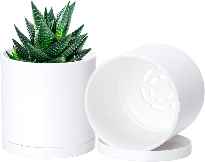 Planter Pots with Saucers, Matte White Plastic, 4 Inch, Set of 2