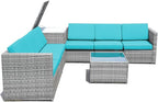 Tangkula 8 Pieces Wicker Patio Furniture Set with Storage Deck Box, PE Rattan Outdoor Sectional Conversation Set with Coffee Table & Cushions, Outside Furniture for Garden Yard Poolside (Turquoise)