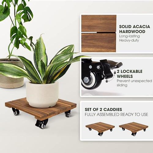 2pack Wood Plant Caddy With Wheels Heavy Duty, 264 Lbs Capacity, Upgraded 12 Inch Acacia Hardwood Plant Dolly, Plant Stand with 360° Lockable Wheels, Plant Caster for Heavy Objects Hauling - Natural Wood