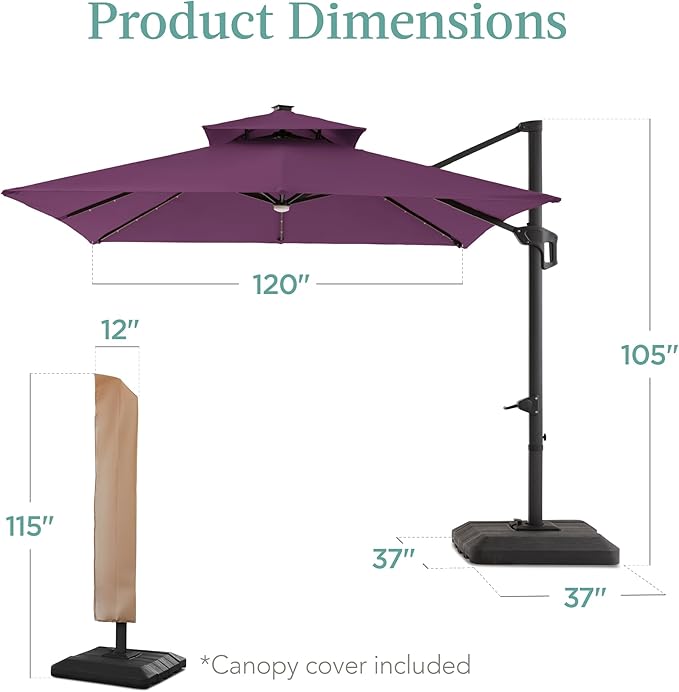 Best Choice Products 10x10ft Cantilever Patio Umbrella w/Base Included, Solar LED Lights 360 Rotation Large Offset Hanging Outdoor Shade for Deck Pool Backyard w/Stand – Amethyst Purple
