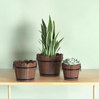 Wooden Bucket Barrel Planters, Rustic Patio Planters Flower Pots for Plants Indoor Décor, Set of 3