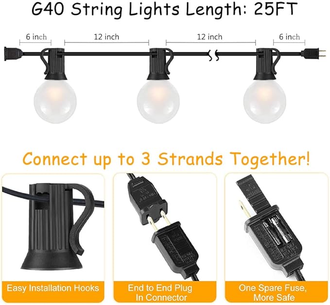 String Lights 25 ft Warm White G40 Frosted Globe Bulbs, 27 Count