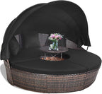 Tangkula Patio Round Daybed with Retractable Canopy, Outdoor Wicker Rattan Furniture Sets, Sectional Cushioned Sofa Set w/Height Adjustable Coffee Table, Rattan Conversation Sets (Black)