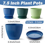 Plastic Plant Pots, 6 Pack 7.5 Inch Flower Pots with Drainage Holes and Saucer, Planters for Indoor Outdoor Plants, Stylish Decor for Home and Garden(Blue, Green, Dark Green)