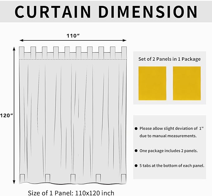 Easy-Going Outdoor Patio Curtains Detachable Tab Top Windproof Weatherproof Curtain for Cabana, Porch, Pergola and Gazebo, Tab Bottom Drape, 2 Panels, 110W x 120L inch, Yellow