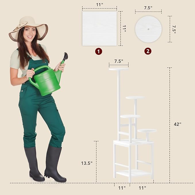 Plant Stand Indoor with Grow Light, 5-Tiered Tall Plant Stand Indoor, Metal Plant Shelf with Adjustable Light, Ideal for Living Room, Garden, Round Patio white
