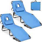 GYMAX Tanning Chair, 350lbs Beach Lounge Chair with Face Hole, Washable Pillow & Carry Strap, Adjustable Folding Chaise Lounge, Layout Lounger for Outside, Patio, Poolside, Lawn (2, Blue)