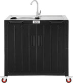 Outdoor Kitchen Island with Stainless Steel Sink and Storage Cabinet, 35-Inch BBQ Prep Station with Faucet & Lockable Wheels for Patio, Backyard, and Outdoor Cooking, Black & Silver