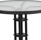 Flash Furniture Lila 28'' Round Glass Metal Table with Black Rattan Edging and 2 Black Rattan Stack Chairs