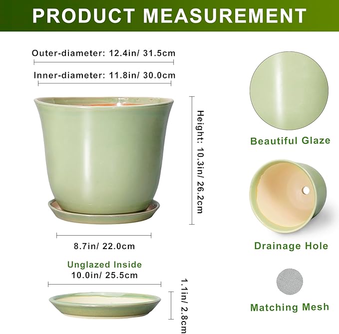 Ceramic Planter - 12 Inch Plant Pot for Indoor Outdoor, Round Planter with Drainage Hole and Saucer, Large Plant Pot, Modern Flower Pots, Home Garden Apartment Decor, Gardening Gifts, Green