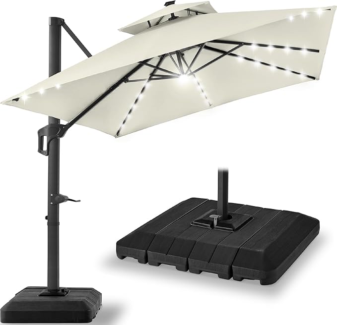 Best Choice Products 12x12ft LED Cantilever Patio Umbrella w/Base Included & 360° Rotation, Large Solar Offset Hanging Outdoor Sun Shade for Deck, Backyard Table w/Stand & Lights – Ivory