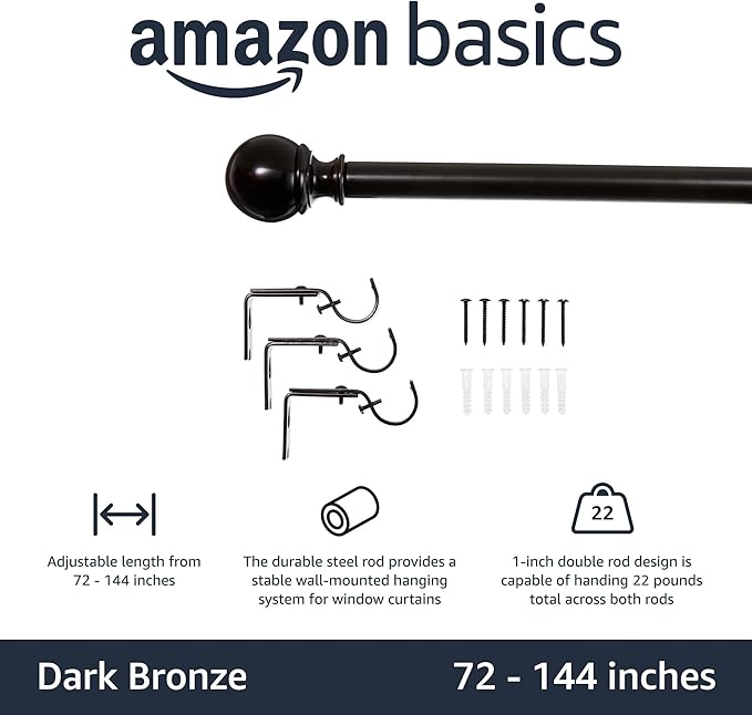 Amazon Basics Adjustable Sturdy Curtain Rod for Windows with Round Finials, Easy Install Hardware, 1-Inch Rod, 72" to 144", Dark Bronze, 1-Pack