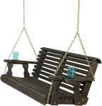 Amish Casual 5 Foot Roll Back Porch Swing with Cup Holders in Semi-Solid Black Stain - Amish Made in The USA from Treated Pine Heavy Duty 700 Lb. Weight Capacity