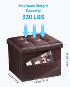 AmasSmile 2PC Storage Ottoman Folding Foot Rest Stool with Side Pocket, 16 inch Leather Footstool Bench, Short Ottoman Bench, Storage Foot Rest Store, Books, Brown