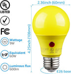 TORCHSTAR Yellow Dusk to Dawn Light Bulbs Outdoor, Sensor A19 LED Light Bulb, Auto On/Off Photocell Automatic for Outdoor Lighting, UL FCC DOE, 2700K, Pack of 4