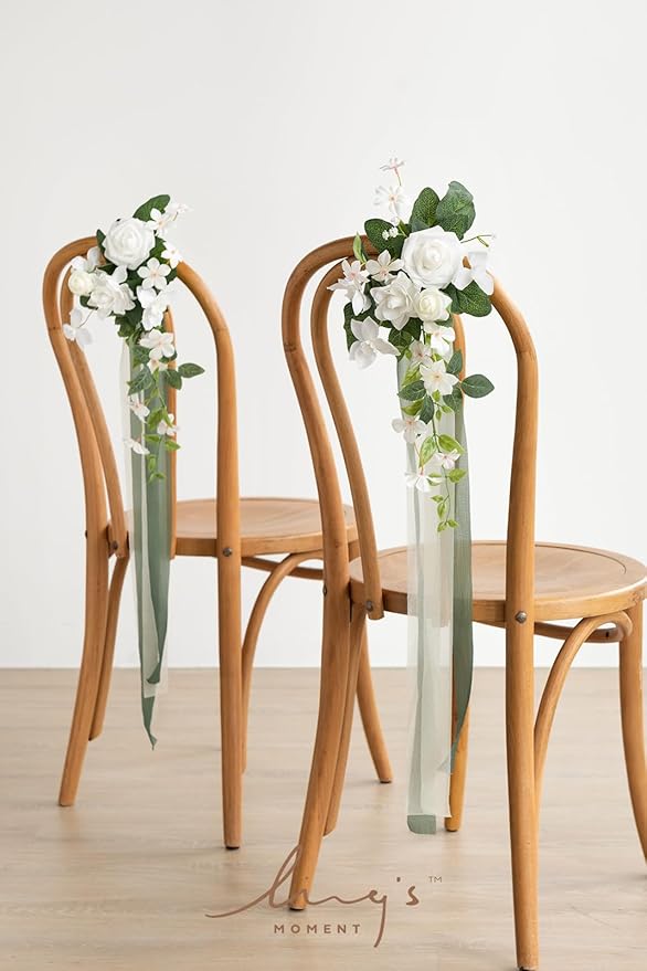 Artificial Flowers: 8 Pcs White and Sage Aisle Pew Decor for Weddings