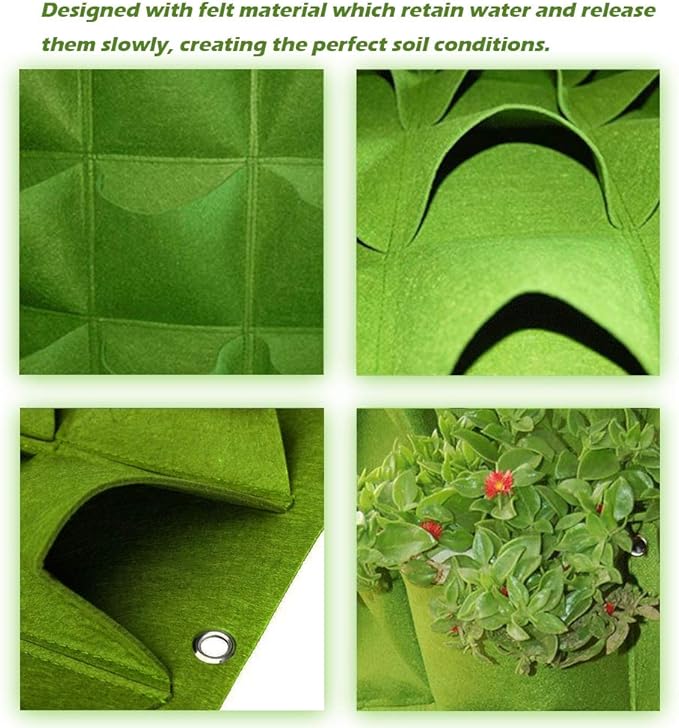 Hanging Planting Grow Bags, 64 Pockets Hanging Vertical Wall Planter Wall Mounted Grow Bag Outdoor Indoor Gardening Vertical Greening Flower Container, Planting Bags Storage Bags(1.0 m × 1.0 m, Green)