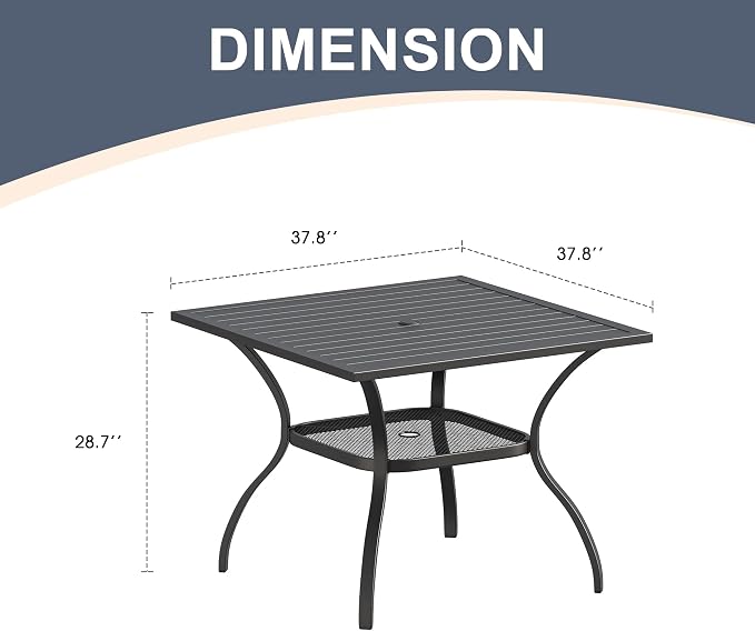 Patio Dining Table, 37.8 Inch Square Metal with Umbrella Hole, Black
