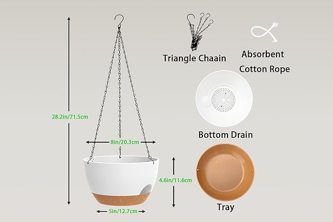 Hanging Planters 3-Pack, 8 Inch Self-Watering Hanging Pots with Drainage Hole and Chains, Plastic Planters for Indoor Outdoor（White Brown）