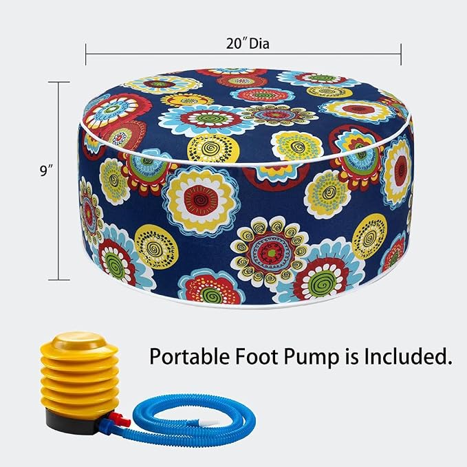 Ottoman Pouf, Inflatable Round Footrest with Pump, Floral Navy