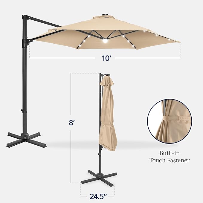 Best Choice Products 10ft Solar LED Offset Cantilever Hanging Market Patio Umbrella, Smooth 360° Rotation, 8 Sturdy Ribs, Easy Adjustment - Sand
