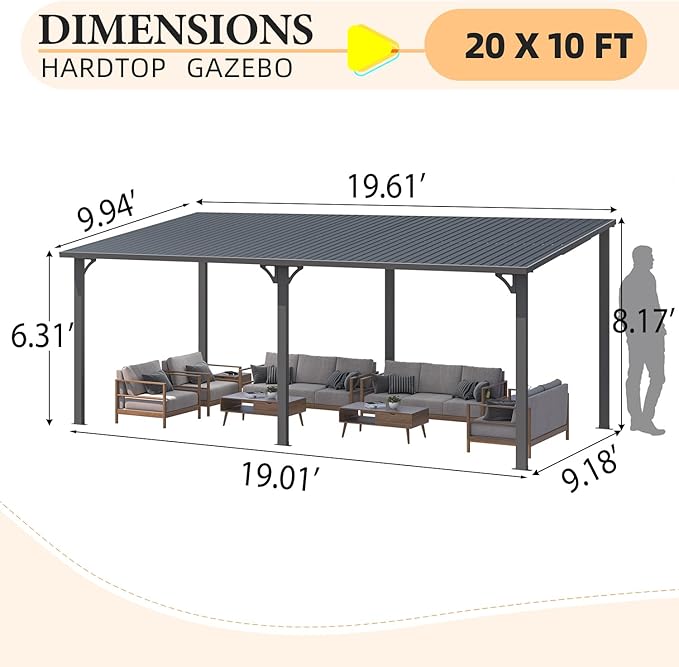 AECOJOY 10' x 20' Outdoor Hardtop Metal Gazebo for Patio, Large Lean to 20x10 Galvanized Steel Wall Mounted Pergolas and Grill Gazebos Clearance, Heavy Duty Patio Roof Metal Awnings for Decks
