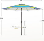 MEWAY 9ft Patio Umbrella Outdoor Table Umbrellas with Push Button Tilt and Crank, Market Umbrella 8 Sturdy Ribs for Deck, Garden, Pool and Backyard, Blue-Green Stripe