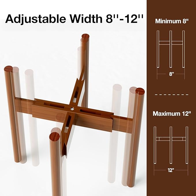 MUDEELA Plant Stand for Indoor Plants: Adjustable Width Fits 8–12 Inch Pots - Mid Century Modern Bamboo Plant Stand - 14.5 Inch Single Tier Small Floor Plant Holder, Dark Brown, 1 Pack (Without Pot)