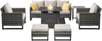 Belord 7 Pieces Patio Furniture Set with 50000BTU Propane Fire Pit Table: Wicker Patio Conversation Set with Outdoor Club Chairs Patio Couch Metal Side Table, All Weather Brown Rattan