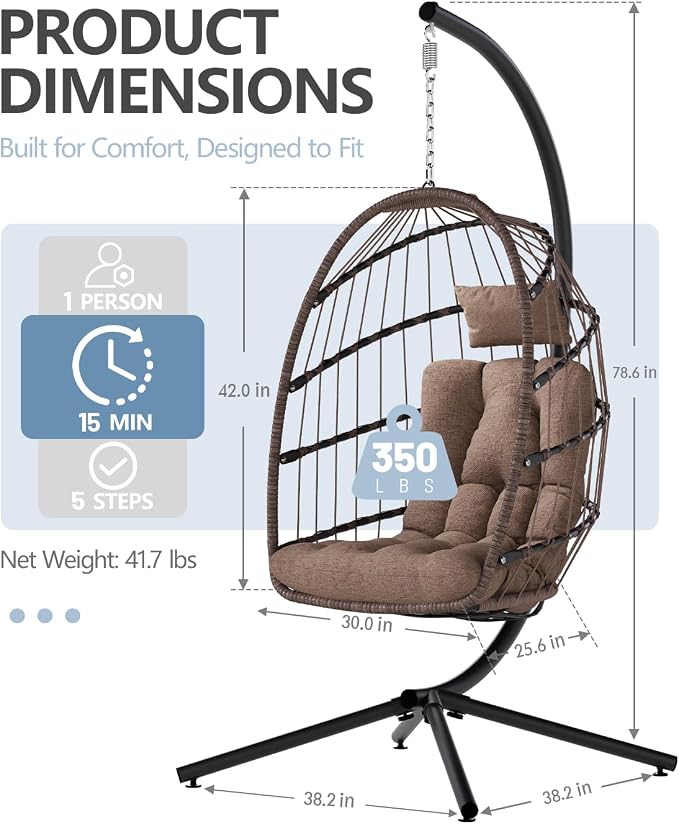 Hammock Egg Chair, Brown Wicker Hanging Chair with Cushion, 350 lb Capacity
