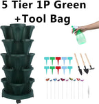 GameXcel Vertical Planter, 5 Tier Stackable Strawberry Planter with Garden Tool Set, Movable Indoor/Outdoor Garden Herb Pot for Growing Vegetables and Succulents, Green