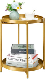 danpinera 2-Tier End Table, Outdoor Side Table, Metal Round Desk with Removable Tray, Small Folding Accent Desk, Anti-Rust Nightstand for Bedroom Balcony Patio Living Room, Set of 2 (Gold)