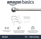 Amazon Basics Adjustable Heavy Duty Curtain Rod for Windows, Round Finials, 1-Inch Rod, 72" to 144", Nickel, 1-Pack