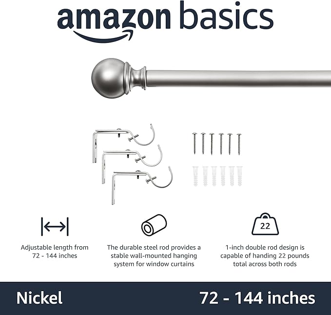 Amazon Basics Adjustable Heavy Duty Curtain Rod for Windows, Round Finials, 1-Inch Rod, 72" to 144", Nickel, 1-Pack