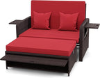 Nightcore Wicker Patio Outdoor Daybed, Outdoor Chaise Lounger w/ 4-Level Adjustable Backrest, Retractable Side Trays, Storage Ottoman, Comfortable & Removable Cushions, Rattan Loveseat (Red)