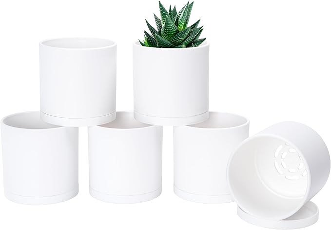 Planters Set of 6, 4 Inch White Plastic Modern Pots with Drainage Holes
