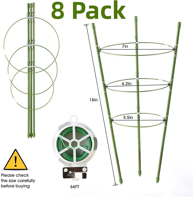 8 Pack Tomato Cage Plant Support Cages for Garden, 18 inches Tomato Trellis for Climbing Plants, Upgrade Garden Plant Stakes with Adjustable Ring, Tomato Rings for Support