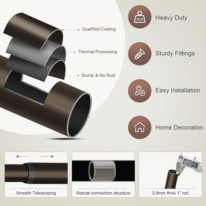 2 Pack Modern Antique Brown Bronze Curtain Rods for Windows 16 to 60 Inches Adjustable Heavy Duty 1" Diameter Window Rod with Decorative Finials for Outdoor Farmhouse Bedroom Kitchen Living Room