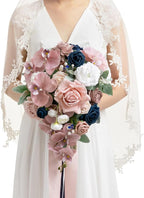 Artificial Bridal Cascade Bouquet, Dusty Rose and Navy, Pearls and Crystals