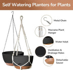 12 Inch Hanging Baskets for Plants Outdoor, Hanging Planters for Indoor Outdoor Plants, Hanging Planter with Self Watering, Hanging Flower Pots (Black Planter with Macrame + Iron Hangers)