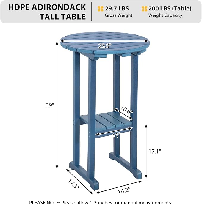 Bar Table, 39-Inch Round HDPE Outdoor Pub Table in Navy Blue