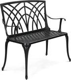 VINGLI 38" Outdoor Metal Bench, Cast Aluminium Garden Bench, Weatherproof Antique Finish Orchid Chair, 1-2 Person Seat Deck Furniture for Porch Entryway Patio (Black)