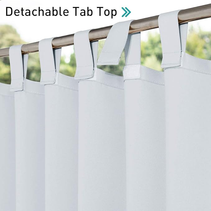NICETOWN 2 Pieces Outdoor Patio Curtains Waterproof with Self-Stick Tab Top for Patio, Room Darkening Outdoor Living Divider Vertical Drape Privacy Protect for Yard/Cabana, W52 x L108, Greyish White